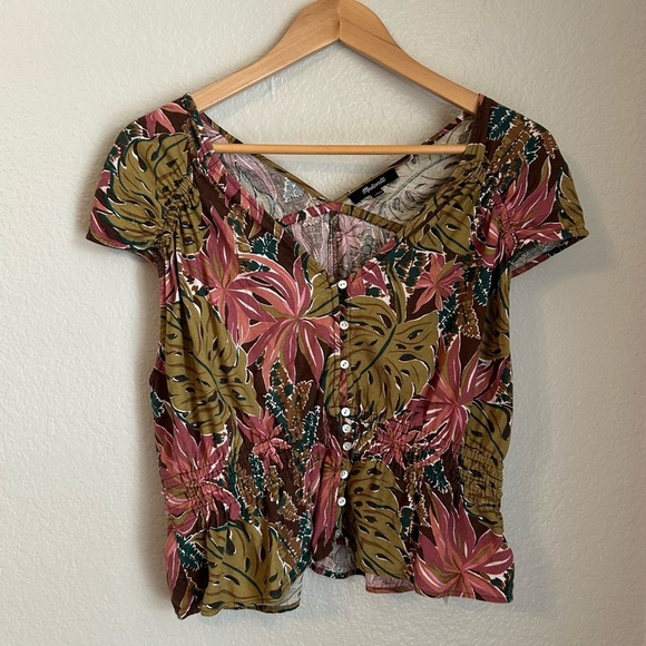 Madewell Shirred Cap-Sleeve Linen Blend Top in Brushstroke Monstera, Size Large - Picture 4 of 10